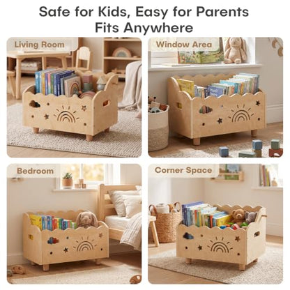 Natural Montessori Toddler Bookshelf with Rainbow & Cloud Cutouts - Wooden Childrens Storage