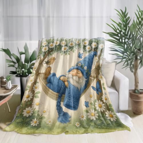 80x60 Inch Whimsical Sleeping Gnome Flannel Blanket Garden Daisy Butterfly Bird Throw - Light & Soft