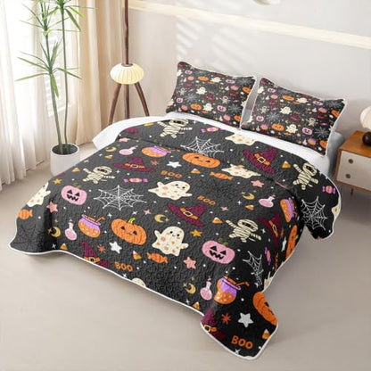 Ghost Boo Queen Size Halloween Quilt Set - Pumpkin Lantern & Skeleton Bedding