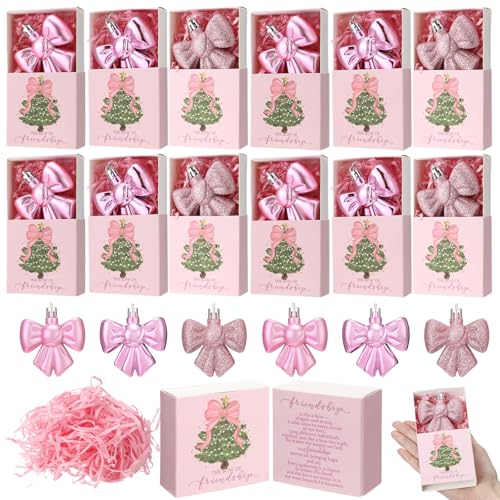Pink Bow Christmas Ornaments Set - Friendship Gift Decorations, 12 Pieces