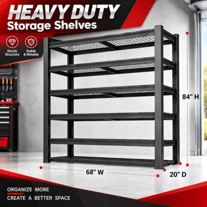 6-Tier Garage Shelving Unit - 68"W x 20"D x 84"H Adjustable Heavy-Duty Storage Rack - Variation of 1 / 6-T/68"Wx84"H x20"D