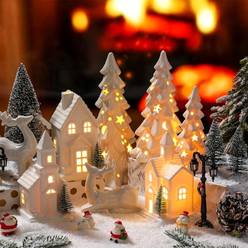 14-Piece LED Christmas Village Set Ceramic Houses Trees Reindeer Lights