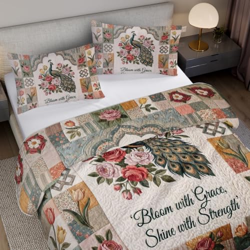 Queen Size Patchwork Peacock Bedspread Coverlet Set - 3 Pieces, Pink Roses & Floral Quilt with Pillow Shams, Green Metallic Tail Design, Garden Room Decor