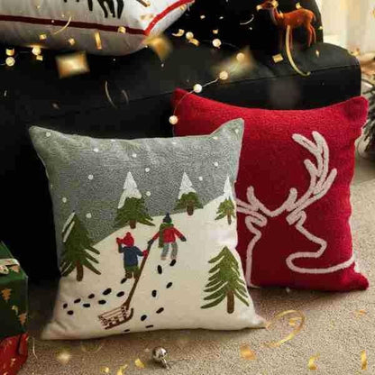Christmas Embroidered Canvas Pillowcase - Snow Mountain Journey Holiday Decor