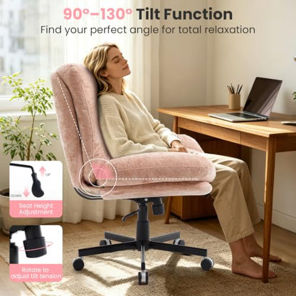 Pink Wide Plush Office Desk Chair with Criss Cross Rolling Design - Comfortable & Adjustable