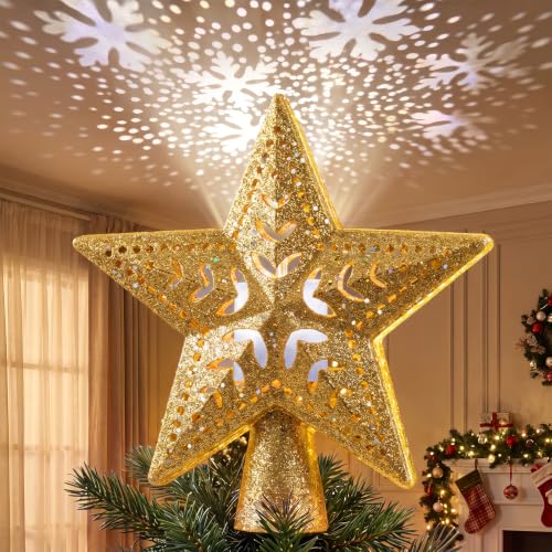 Christmas Tree Topper with Snowflake Projector Light, Gold - Universal Fit