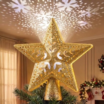 Christmas Tree Topper with Snowflake Projector Light, Gold - Universal Fit