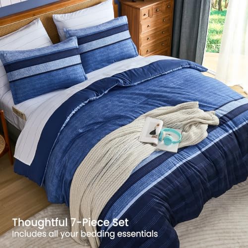 Navy Blue Queen Comforter Set 7 Pieces Striped Bed in a Bag - Soft Microfiber