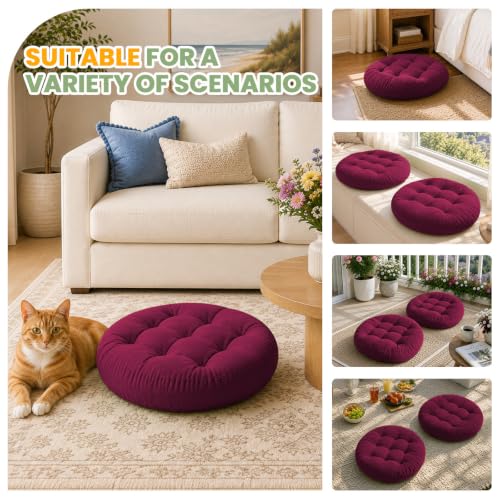 Large 20 Inch Round Floor Pillow Set of 2 - Wine Red Tufted Corduroy Meditation Cushions for Floor Seating and Relaxation