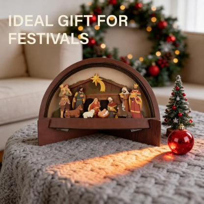 Wooden Nativity Scene with LED Light, Christmas Decoration for Home & Church