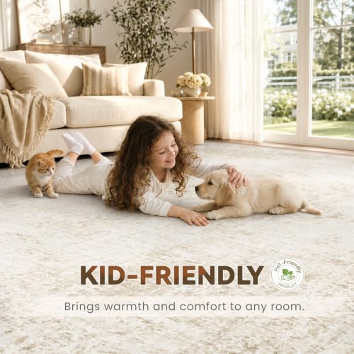 Washable 8x10 Area Rug for Living Room Vintage Boho Medallion Beige Non-Slip Low Pile Carpet