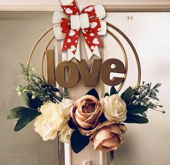 SIMISI Ribbon Burlap Wired Valentine Bow - Red Heart Print for Wreath & Wedding Decor | 9.5 x 13 Inch