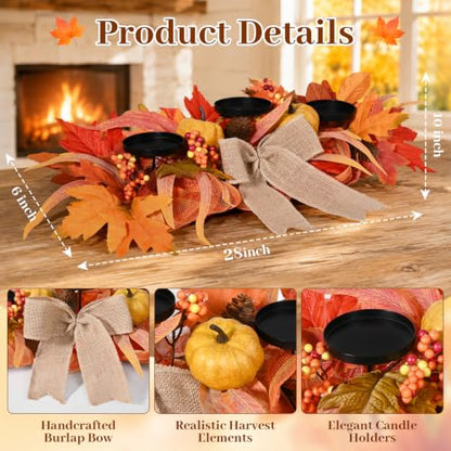 Yellow 26-Inch Fall Candle Holder Centerpiece with Pumpkins and Burlap Bow