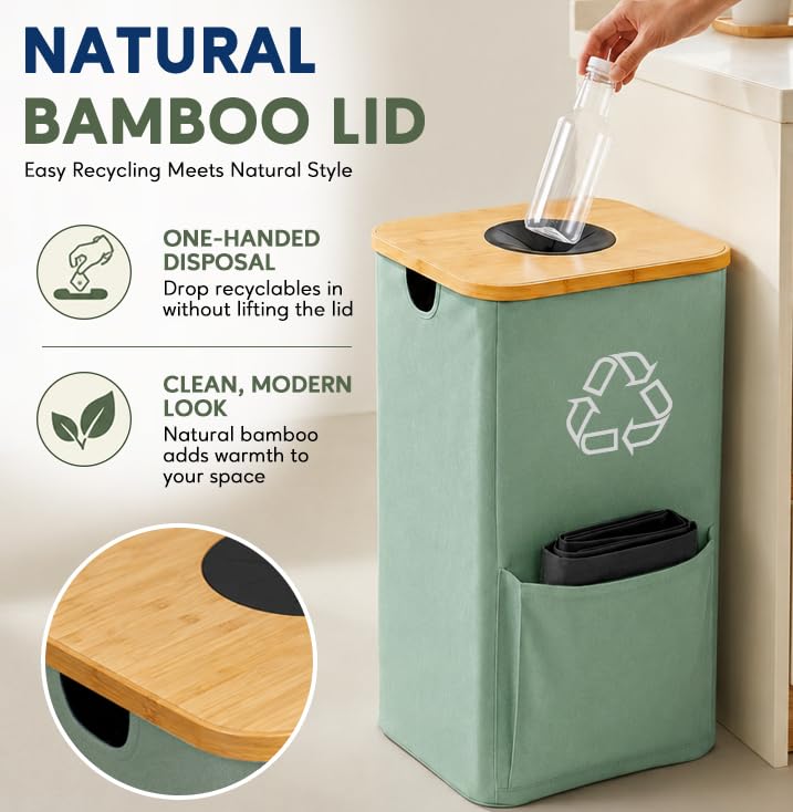 Recycling Bin for Kitchen with Bamboo Lid - Green, 26 Gallon Capacity