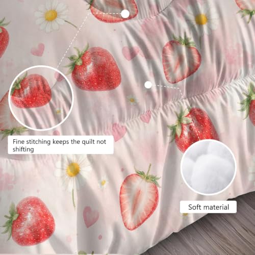 Twin Pink Strawberry Comforter Set for Girls Kids Teens - Kawaii Floral Bedding