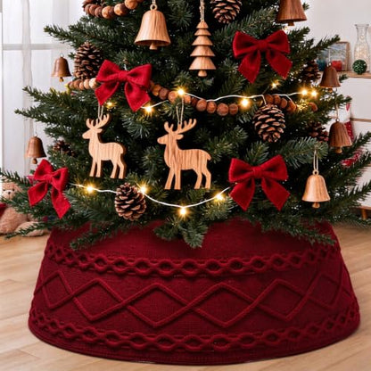 Christmas Tree Collar Xmas Tree Skirt Red Knit Base Cover with Clips