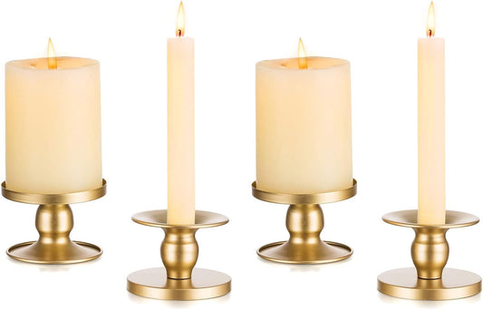Romadedi Gold Candle Holders - Elegant Pillar & Taper Candle Sticks for Weddings | 4-Piece Set
