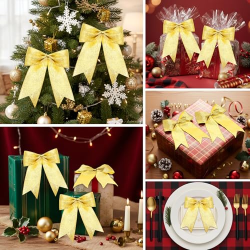 Gold Glitter Christmas Tree Bows - 36 Pcs, 7x7 Inch, Holiday Decor