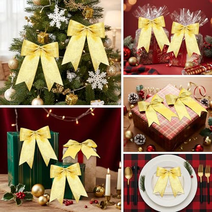 Gold Glitter Christmas Tree Bows - 36 Pcs, 7x7 Inch, Holiday Decor
