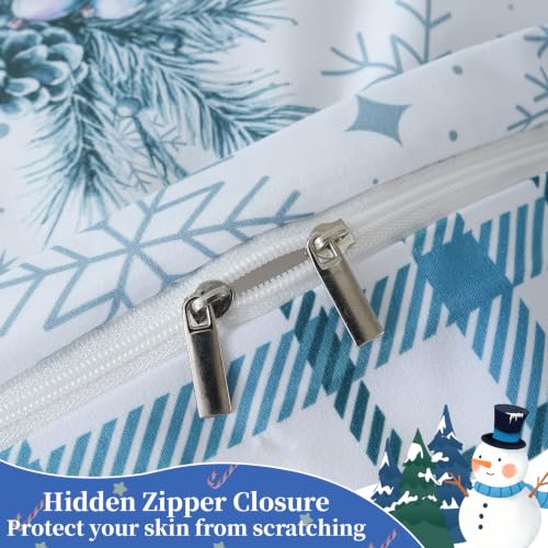 King Size Christmas Snowman Duvet Cover Set with Pillow Shams - Reversible Plaid Holiday Bedding, Blue Variation