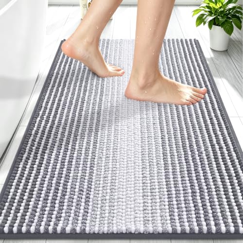 Extra Soft Chenille Bathroom Rug 30x20 Grey Striped Bath Mat - Modern & Absorbent