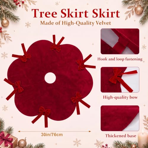 Syhood 30 Inch Burgundy Velvet Christmas Tree Skirt with Scalloped Edge & Bow - Holiday Decor