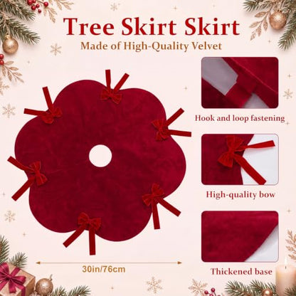 Syhood 30 Inch Burgundy Velvet Christmas Tree Skirt with Scalloped Edge & Bow - Holiday Decor