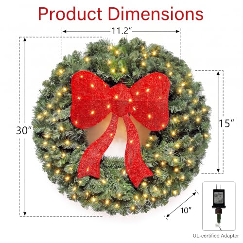 Large Artificial Christmas Wreath 30 Inch with 130 LED Lights and Red Bow - Indoor Outdoor Holiday Decor