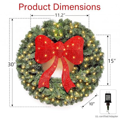 Large Artificial Christmas Wreath 30 Inch with 130 LED Lights and Red Bow - Indoor Outdoor Holiday Decor