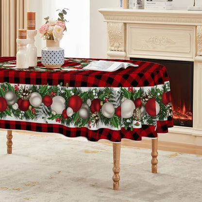 Christmas Tablecloth 60 x 84 Inch Oval with Holiday Ball Ornaments - Red
