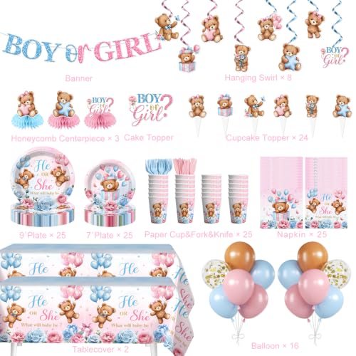 Brown Bear Gender Reveal Decorations Tableware Set - 205pcs for 25 Guests