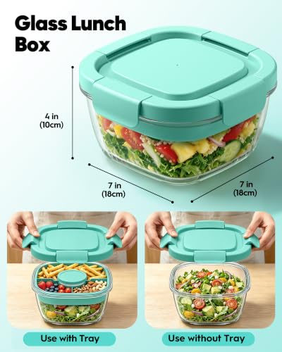 BiuLeon Green Glass Salad Container 56oz with Airtight Lid & 4-Compartment Tray