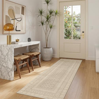 2x6 Washable Kitchen Runner Rug Beige Non Slip Textured Vintage Design