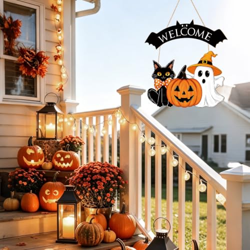 Large Black Wooden Halloween Ghost Door Wreath for Front Door & Wall Decor - Sophena
