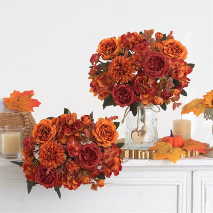 Artificial Fall Peony & Hydrangea Bouquet Set - Orange Red / Mixed 2pcs