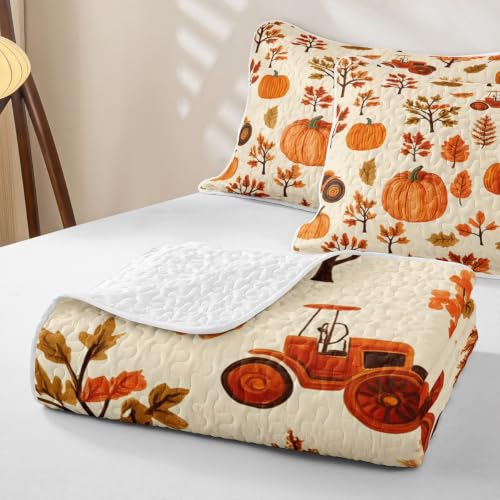 Castle Fairy Autumn Pumpkin Quilt Set Full Size with Pillow Shams - Orange Beige
