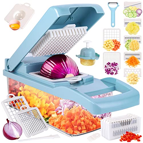 Vegetable Chopper, Pro Onion Chopper, 14 in 1Multifunctional Food Chopper, Kitchen Vegetable Slicer Dicer Cutter,Veggie Chopper With 8 Blades,Carrot and Garlic Chopper With Container(blue)