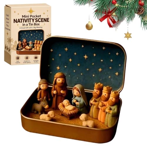 Mini Pocket Nativity Scene in Tin Box Christmas Decor Set 1pc Small Figures