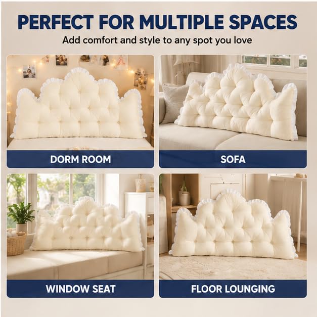 Pink Velvet Twin XL Dorm Headboard Pillow with Crown Tufted Design & Ruffle Trim - Reading Backrest Cushion, 39.37x21.65 Inches