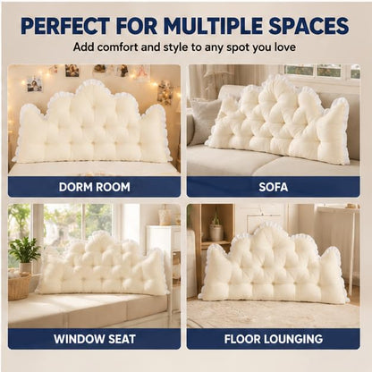 Pink Velvet Twin XL Dorm Headboard Pillow with Crown Tufted Design & Ruffle Trim - Reading Backrest Cushion, 39.37x21.65 Inches