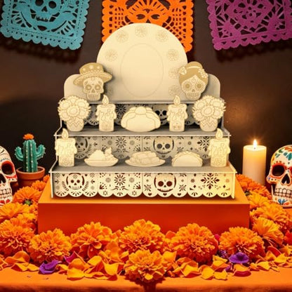 Dia De Los Muertos 3-Tier Wooden Altar Shadow Box - Festive Mexican Folk Art Decor