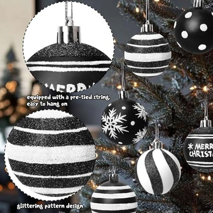 Black and White Christmas Ornaments Set - 12 Shatterproof Holiday Ball Decorations