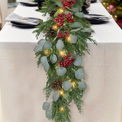 6FT Christmas Garland with Lights - Artificial Pine Cypress Eucalyptus & Red Berries, Style 2