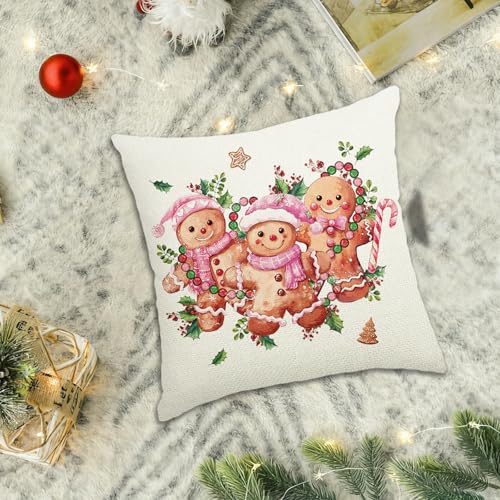 Pink Gingerbread Man Christmas Pillow Cover 18x18 Inch - Holiday Home Decor