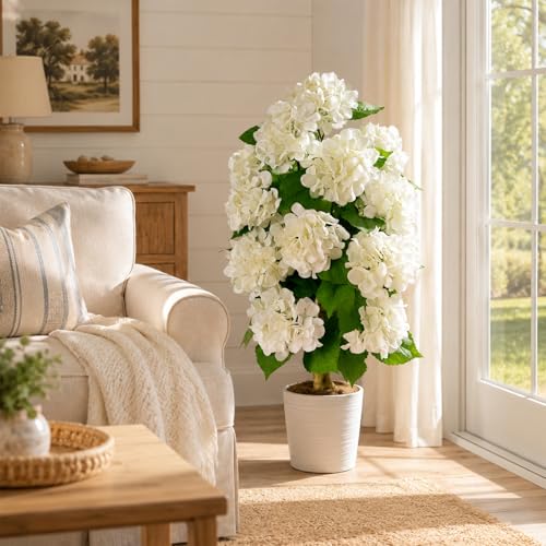 Artificial Hydrangea Tree Potted - White Hydrangea, Full & Weather-Resistant