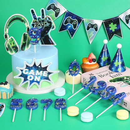 Blue Video Game Birthday Candle Gamer Number 5 Cake Topper - Level Up Design