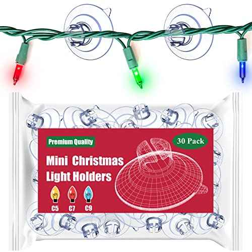 Mini Christmas Light Suction Cups [Set of 30] Small Holiday Light String Hooks Holders, Clear Rope Light Caddy Window Glass Suction Cup Clips Hang Seasonal Lights & Xmas Decorations