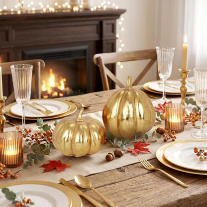 Fall Pumpkin Decor Set - Gold Resin Figurines for Table Centerpiece, 2 Pieces