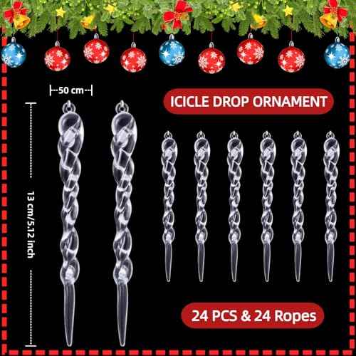 Naler 24 Pieces Christmas Icicle Drop Ornaments Clear Icicles for Christmas Tree Decorations, 5.1 Inch