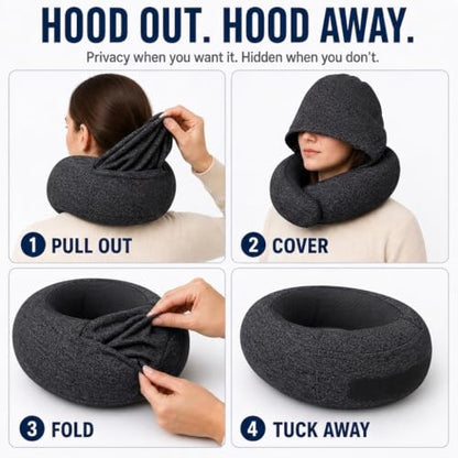 Black Travel Neck Pillow with Hood, Memory Foam Support & Eye Cover
